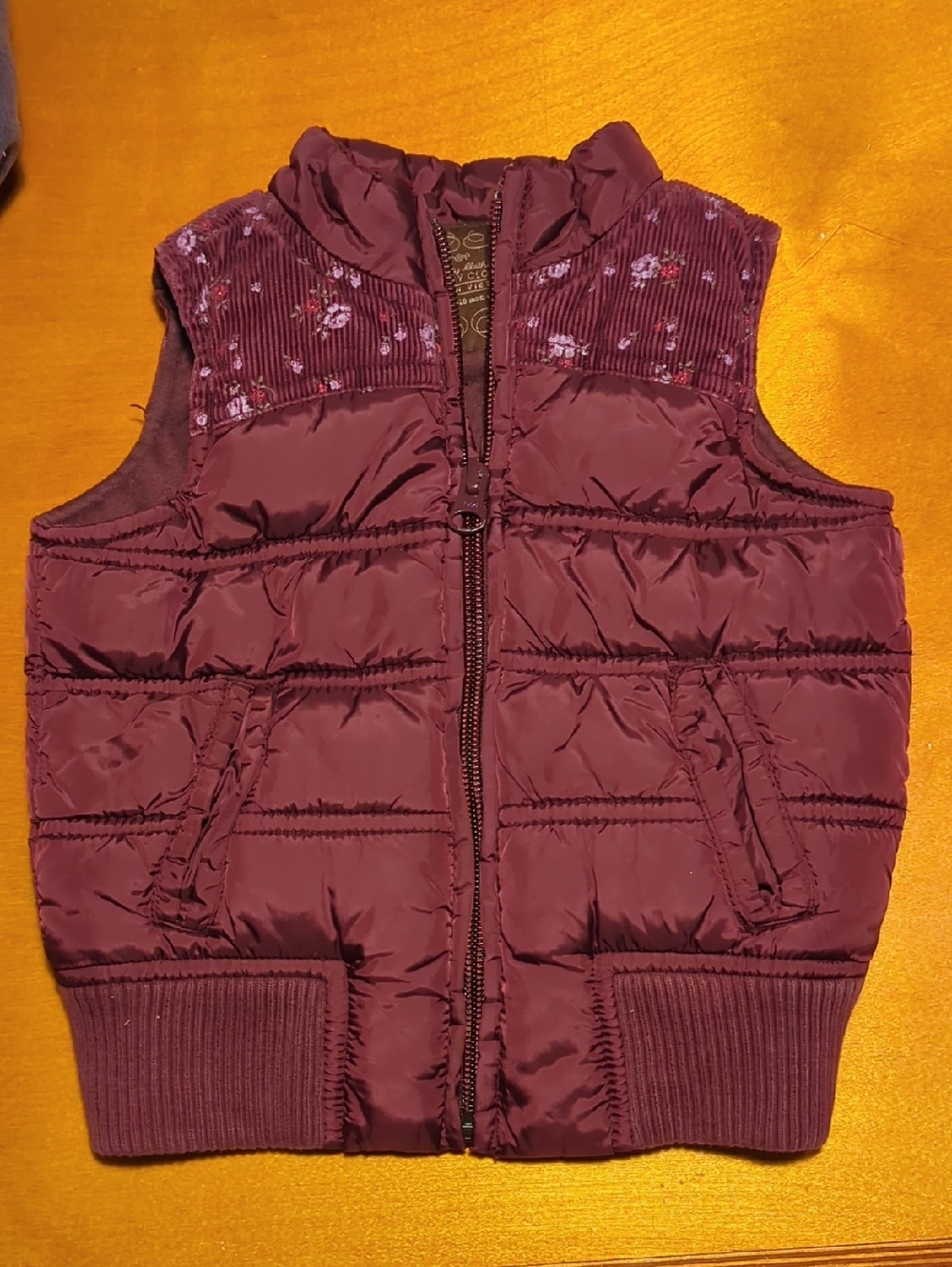 Old Navy Girls' Wine Quilted Puffer Vest with Floral Yoke